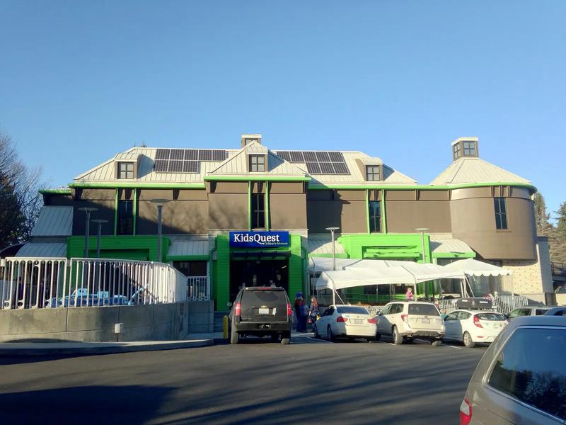 Front of KidsQuest Children's Museum in downtown Bellevue, with the museum sign over the entrance.