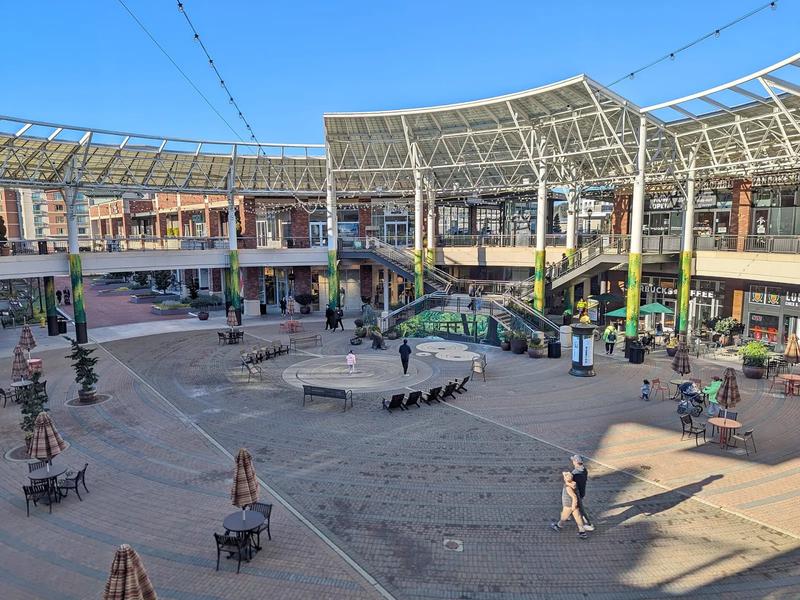 The main plaza at Redmond Town Center, with a fountain and outdoor shops.