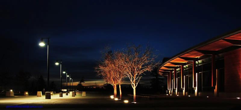 Sammamish City Hall and the plaza at Sammamish Commons at night.